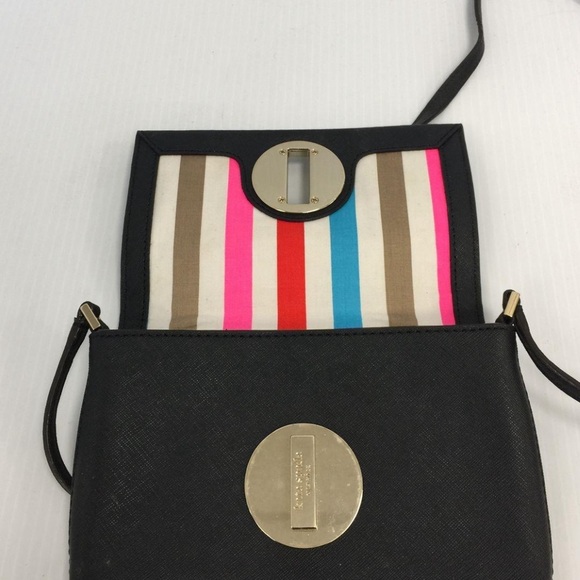 KATE SPADE : Crossbody Black Leather Bag, with stripped lining. - Picture 5 of 5